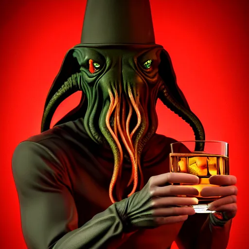 Prompt: a high - quality photorealistic photography face centred portrait 3 d render of an evil vampire holding a glass of whisky, cthulhu tentacles, thanatos, horror, swamp fog mist, horror, 8 k resolution, hyperdetailed, concept art, devils and demons - n 4