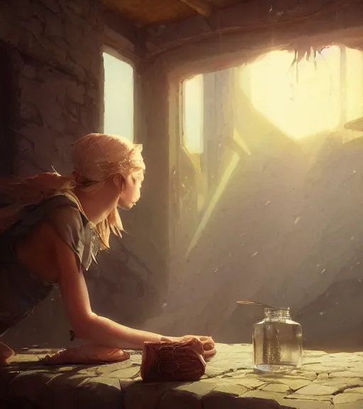 Image similar to highly detailed bottle of milk, stephen bliss, unreal engine, fantasy art by greg rutkowski, loish, rhads, ferdinand knab, makoto shinkai and lois van baarle, ilya kuvshinov, rossdraws, tom bagshaw, reflective global illumination, god rays, detailed and intricate environment