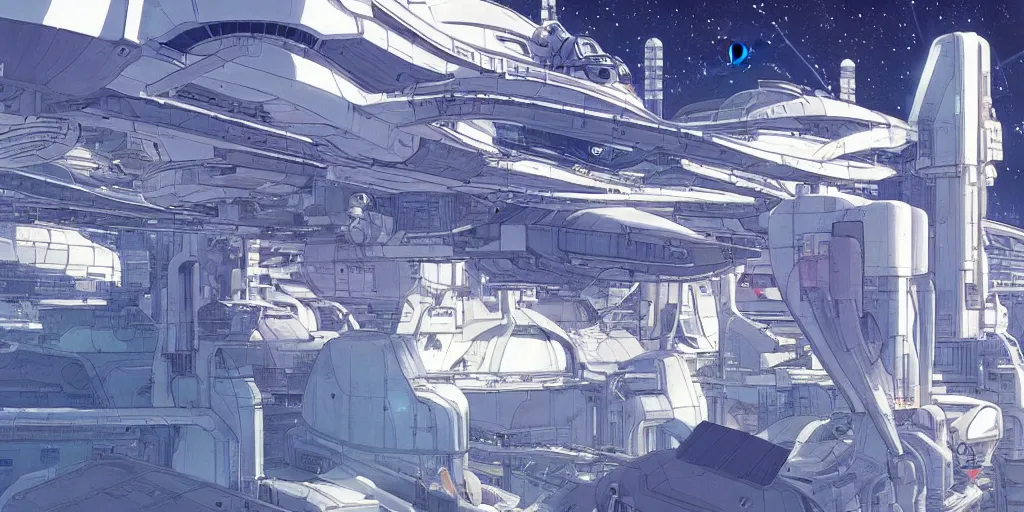 Image similar to spaceship factory, art by makoto shinkai and alan bean, yukito kishiro