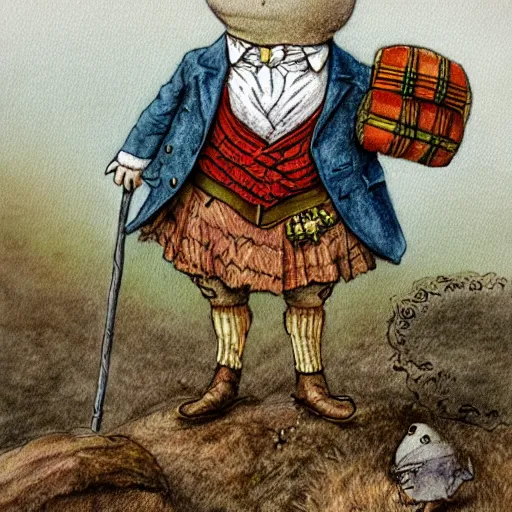 Prompt: a portrait of a toad wearing a kilt, standing on top of a hill, posing proudly, classic children's illustration, historical, victorian era, award winning, realistic, very detailed, 4 k, pencil and watercolour, children's illustration, in the style of beatrix potter