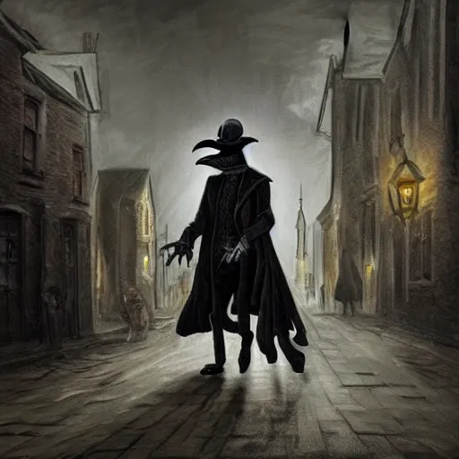 Image similar to a plague doctor walks through a Victorian city, dark atmosphere, detailed, dark Colors