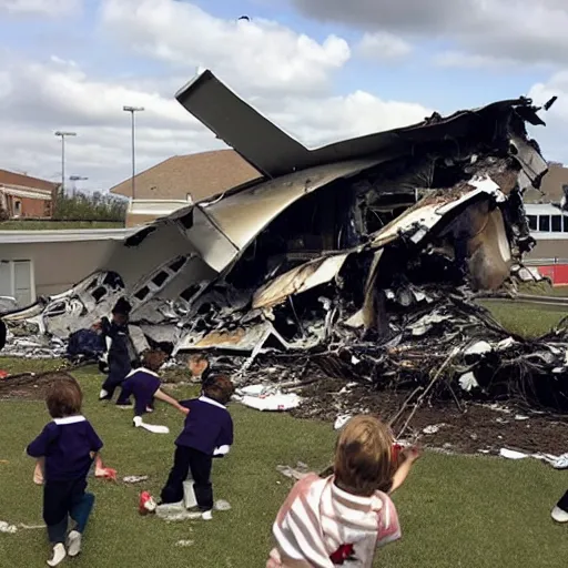 Prompt: a plane crashing in a school courtyard