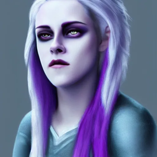 Prompt: Kristen Stewart as a Drow Elf wizard with white hair and purple skin. Photorealistic digital art.