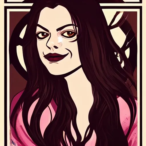 Prompt: pretty female Samara Weaving vampire, Jamie McKelvie comic art, art nouveau, loish, Alphonse Mucha, sharp vampire teeth, sarcastic smile, symmetrical eyes, symmetrical face, brown leather jacket, jeans, long black hair, full body