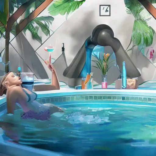 Prompt: hyper jacuzzi, poolside, hydration, beautiful, trending on artstation