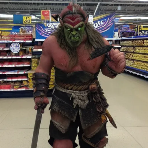 Image similar to orc warrior shopping at walmart