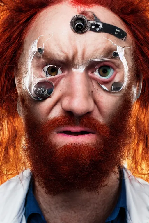 Image similar to man with a third eye in his forehead, a mad scientist with a third eye and wild red hair and beard slightly balding, high resolution film still, 4 k, hdr color