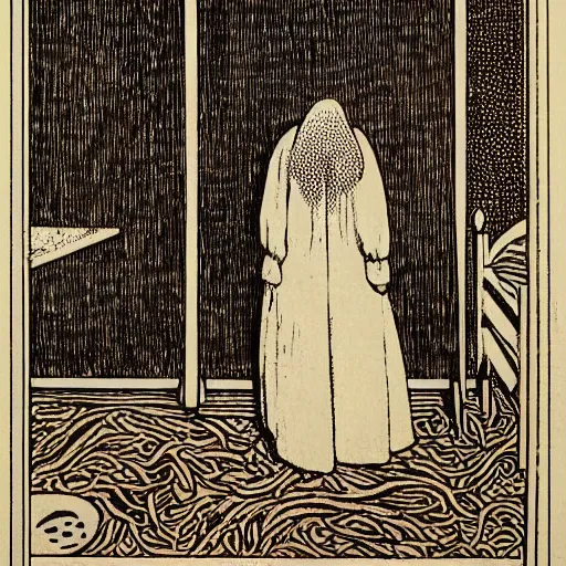 Prompt: a lonely girl in a liminal room, colored woodcut, poster art, by Mackintosh, art noveau, by Ernst Haeckel