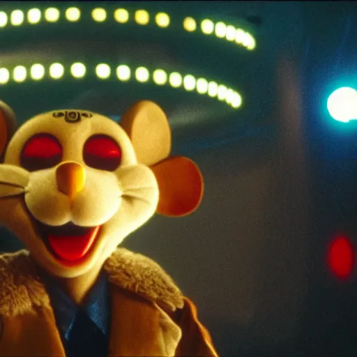 Image similar to Still of Chuck E. Cheese mouse masot, in the movie Blade Runner, cinematic lighting, 4k