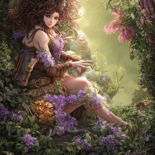 Image similar to the portrait of chaotic good female druid botanist as absurdly beautiful, gorgeous, elegant, young gravure idol, an ultrafine hyperdetailed illustration by kim jung gi, irakli nadar, intricate linework, sharp focus, bright colors, octopath traveler, final fantasy, unreal engine 5 highly rendered, global illumination, radiant light, detailed and intricate environment