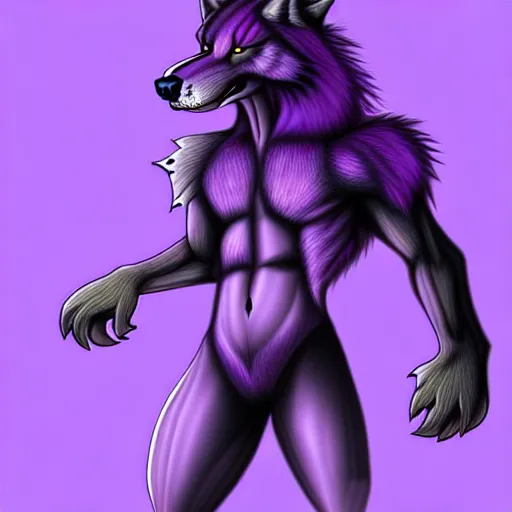 Prompt: giant muscular purple wolf dragon, generic furry style, wearing jeans and a crop top, deviantart, professional furry drawing, insanely detailed, artistic design, wolf - like face