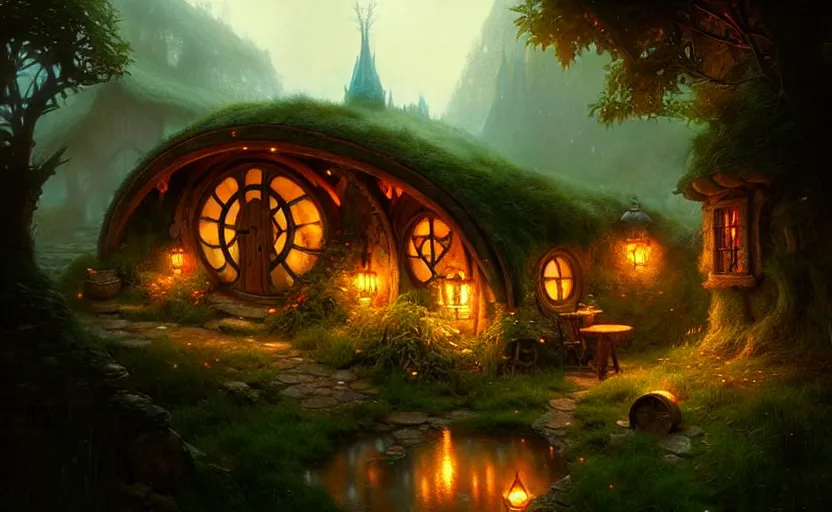 Image similar to hobbit house, volumetric lighting, fantasy atmosphere, intricate, detailed, photorealistic imagery, artstation, by Greg Rutkowski and Gaston Bussiere and Evgeny Lushpin