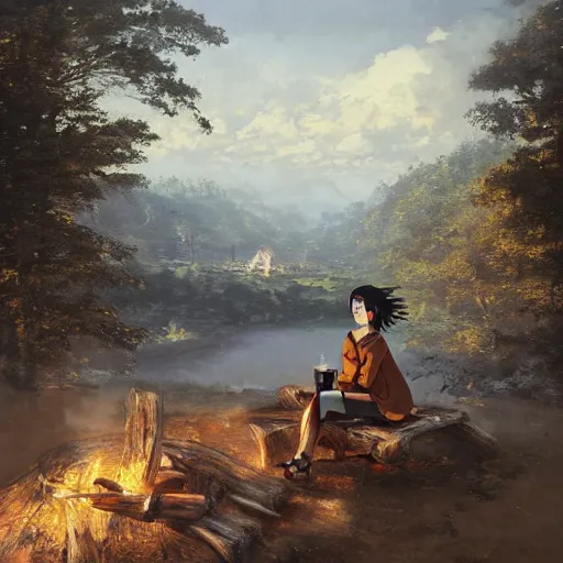 Prompt: Panoramic photograph on an anime girl with short black hair and green eyes in a tan trenchcoat sitting on a log and drinking tea by the campfire by her motorrad at night, ray tracing, large landscape with village, Jakub Rozalski