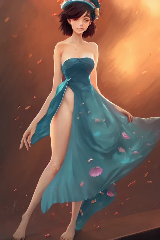 Image similar to a beautiful fashion goddness of love, chic strapless dress, tropical sea background, character design, in the style of artgerm, and wlop, cinematic lighting, hyperdetailed, 8 k realistic, symmetrical, global illumination, radiant light, frostbite 3 engine, cryengine, dof, trending on artstation, digital art