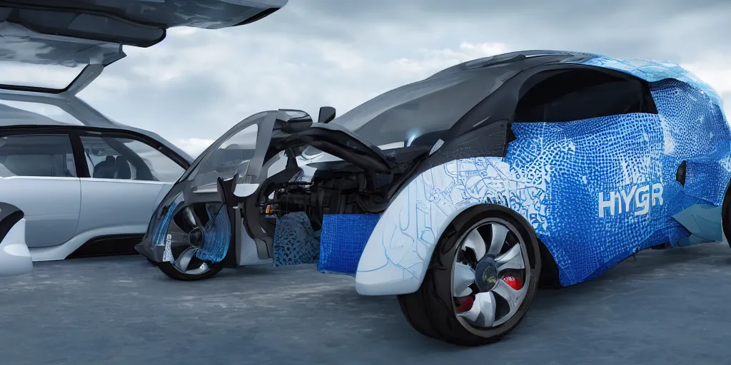 Image similar to hydrogen fuel cell vehicle, wide - angle, intricate details, octane rendering.