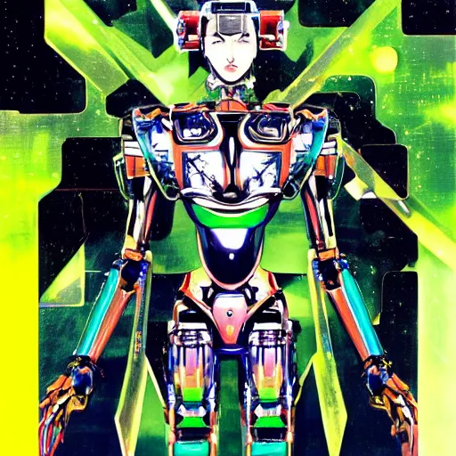 Prompt: portrait of the full - metal mecha nature - loving robot orion in electrical wired neon iridescent outfit, the robot holds the source code of the world, hanafuda cover illustration for vogue by yoji shinkawa, esao andrews and yoshitaka amano