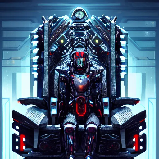 Image similar to Highly detailed digital painting of sci-fi futuristic AI king on robotic futuristic throne Trending on Artstation HQ, 4K, UHD, High quality, cyberpunk