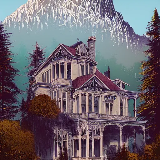 Image similar to illustration of an old victorian mansion, with beautiful mountain heather growing around it, large windows, greg rutkowski, mcbess