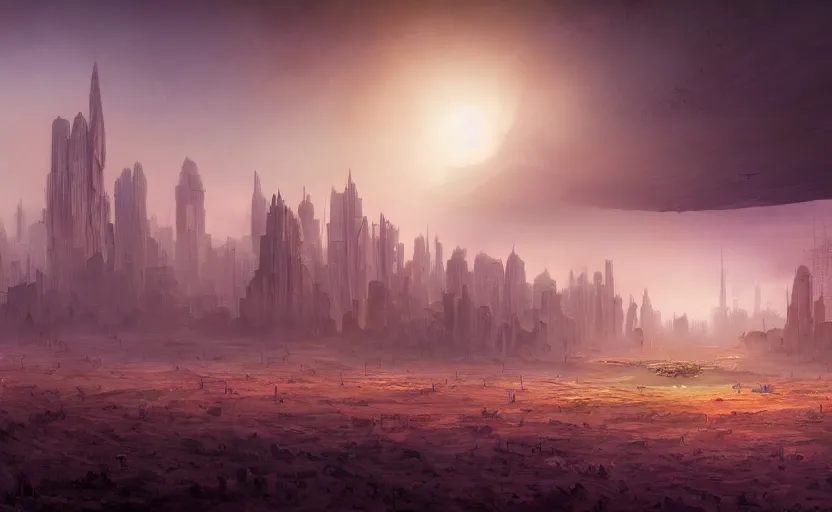 Image similar to matte painting of ant aliens in a desert, science fiction art, city in the skyline, two suns, gloomy, fog, elaborate, detailed digital art, trending in artstation, purple color lighting