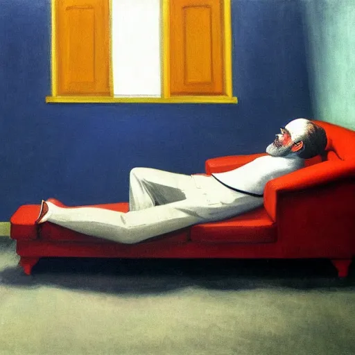 Image similar to an Sigmund freud lying on the couch in a therapy room by Edward Hopper