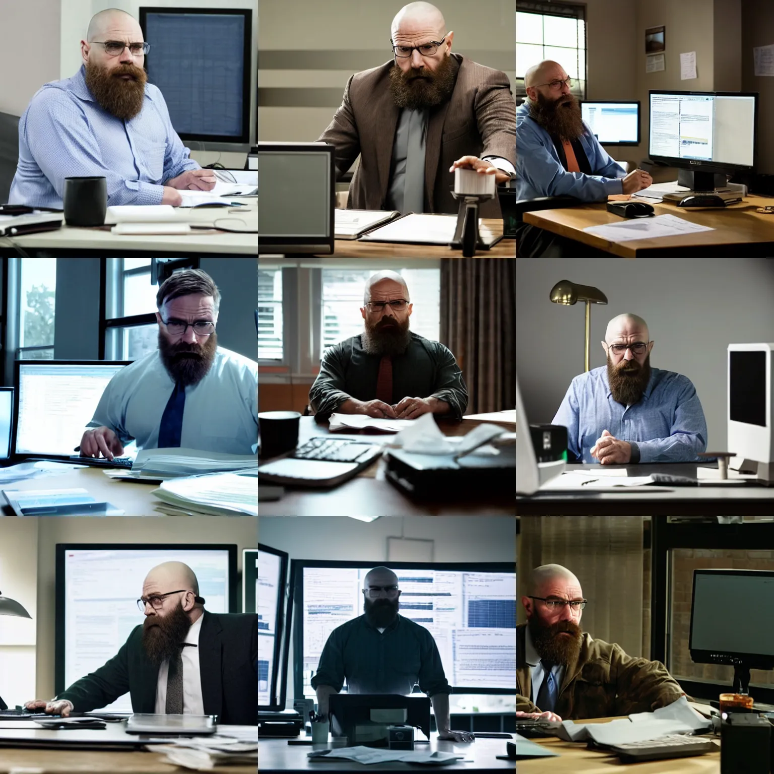 Prompt: a strong bearded man at desk with computer monitor studying paper networking still from the show breaking bad