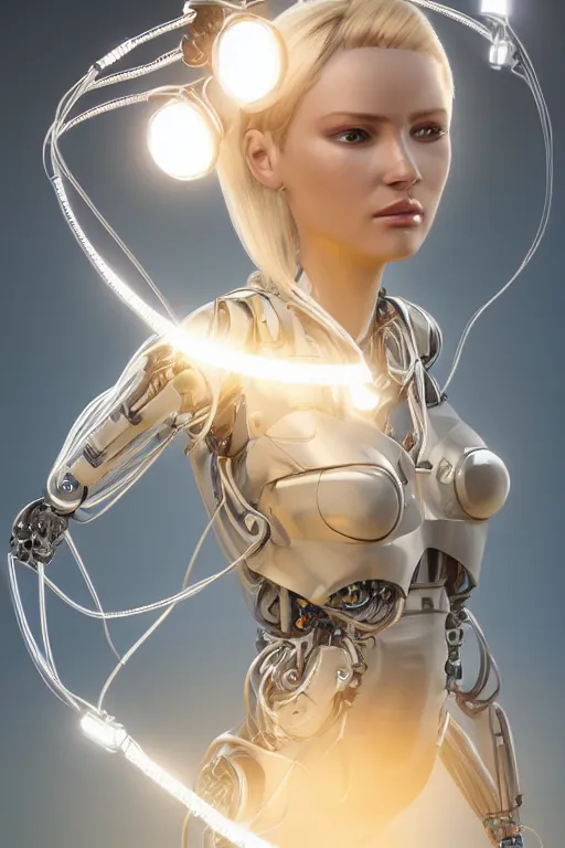 Image similar to a beautiful woman with blonde hair wearing robot suit with wires and light, highly detailed, photorealistic, artstation, smooth