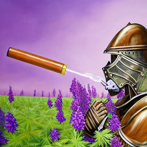 Image similar to a high detailed oil painting of a full armored knight smoking a joint in a field of purple cannabis plants