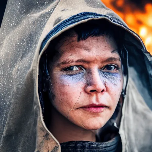 Image similar to photographic portrait of a poor techwear woman holding back tears, a futuristic shanty town burns in the background, closeup, sigma 85mm f/1.4, 4k, depth of field, high resolution, 4k, 8k, hd, full color