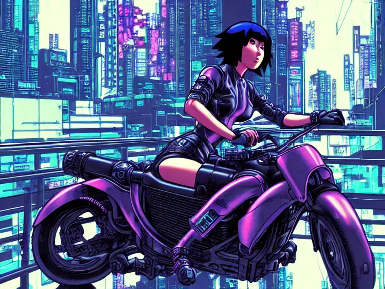 Prompt: motoko kusanagi riding a cyberpunk vehicle in a grungy cyberpunk megacity, intricate and finely detailed, cyberpunk vaporwave, by phil jimenez, ilya kuvshinov