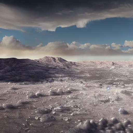 Image similar to an ice covered desert slightly visible thru enormous clouds ,concept art, illustration highly detailed artwork cinematic hyper realistic