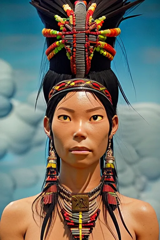 Image similar to woman of huaorani amazon ecuadorian tribe, finely detailed perfect face, exquisite details, fire magic, mid view, design on a white background, by studio muti, greg rutkowski makoto shinkai takashi takeuchi studio ghibli