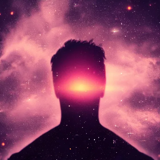 Image similar to silhouette of man, filled with deep space field of twinkling stars, award-winning portrait, fantasy horror, 8k, 4k, , matte finish, pixiv, unnerving, volumetric lighting, highly detailed