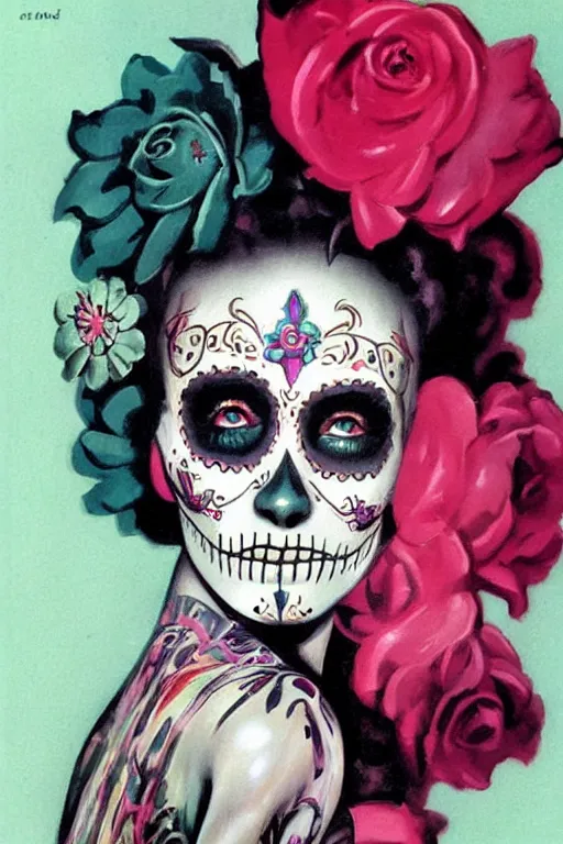 Prompt: Illustration of a sugar skull day of the dead girl, art by rolf armstrong