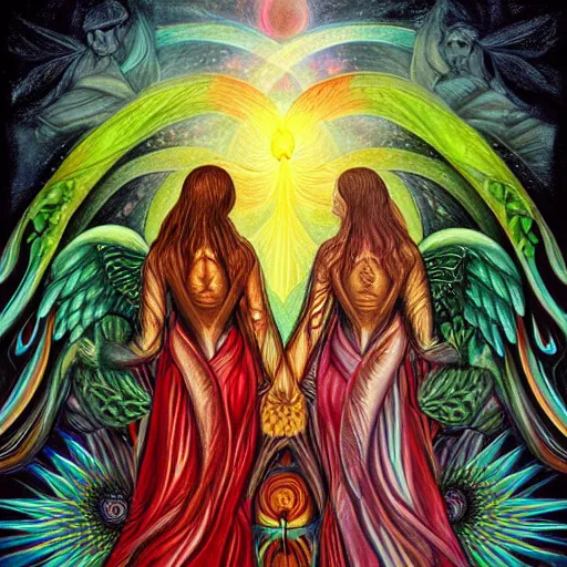 Image similar to a painting of two women standing in front of an angel, digital art by Amanda Sage, deviantart, psychedelic art, mystical, sense of awe, lovecraftian