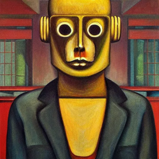 Prompt: sad robot portrait, visage, dystopian, pj crook, edward hopper, oil on canvas