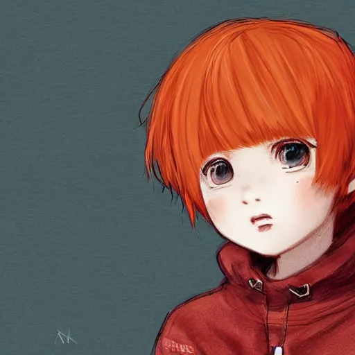 Prompt: A cute cartoon ginger girl with puffy red hair, wearing a brown jacket over a black hoodie, digital art, Akihiko Yoshida