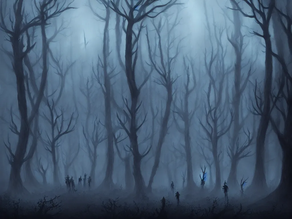 Prompt: fantasy haunted dark forest, foggy, detailed, digital art, a dark forest with adventurers surrounded by evil spirits that lurk in the shadows, by Anato Finnstark, artstation