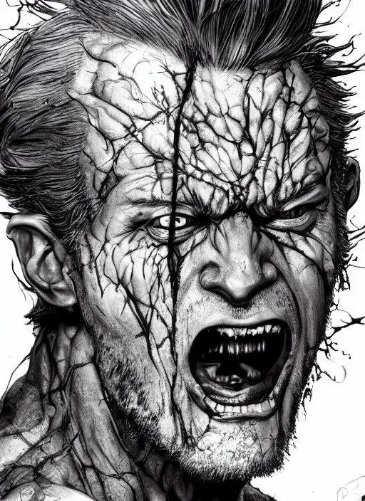 Image similar to close up portrait of an insane man, screaming, middle aged, scars, powerful, domineering, stoic, masterful, intense, ultrafine hyperdetailed illustration by kim jung gi, irakli nadar, intricate linework, sharp focus, octopath traveler, yoji shinkawa, highly rendered, detailed, concept art