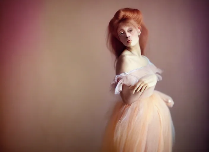 Prompt: portrait photography of a woman Degas beauty type, in style of Cecil Beaton, brigitte bardot style 3/4 , natural color skin like porcellain pointed in rose, long hair with ornamental hairstyle, full body dressed with a ethereal transparent voile dress, elegrant, 8K post production, soft focus, melanchonic rose soft light, volumetric lighting, highly detailed Realistic, Refined, Highly Detailed, natural point rose', indoor soft lighting, soft delicate lighting colors scheme, soft blur lighting, fine art fashion photography