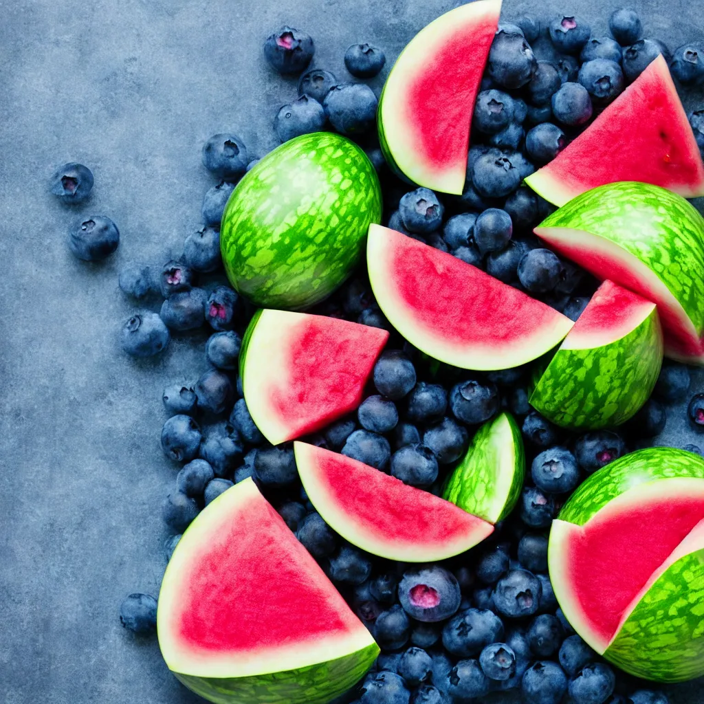 Image similar to blueberry that looks like a watermelon, hyper real, food photography, high quality