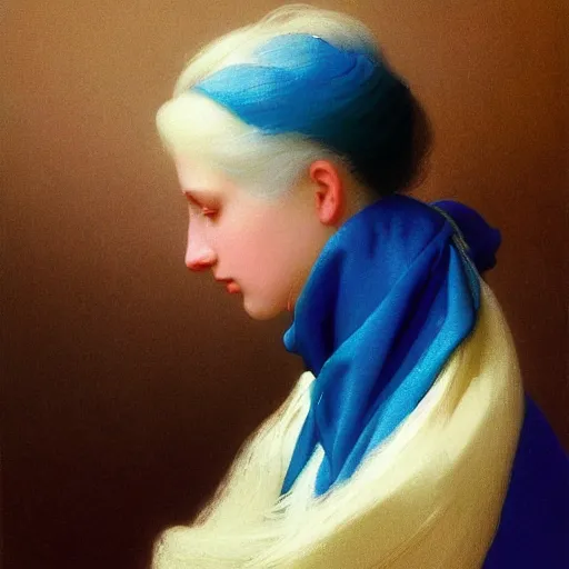 Image similar to a young woman's face, her hair is white and she wears a cobalt blue satin cloak, by ivan aivazovsky and syd mead and moebius and gaston bussiere and roger dean and pieter claesz and paul delaroche and alma tadema and aelbert cuyp and willem claesz, hyperrealistic, volumetric light, octane render