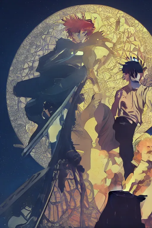 Image similar to concept art, silhouette of Spike Spiegel from Cowboy Bebop in front of the moon Ganymede in the style of Alphonse Mucha and Hiroya Oku, 8k, high detail, octane render