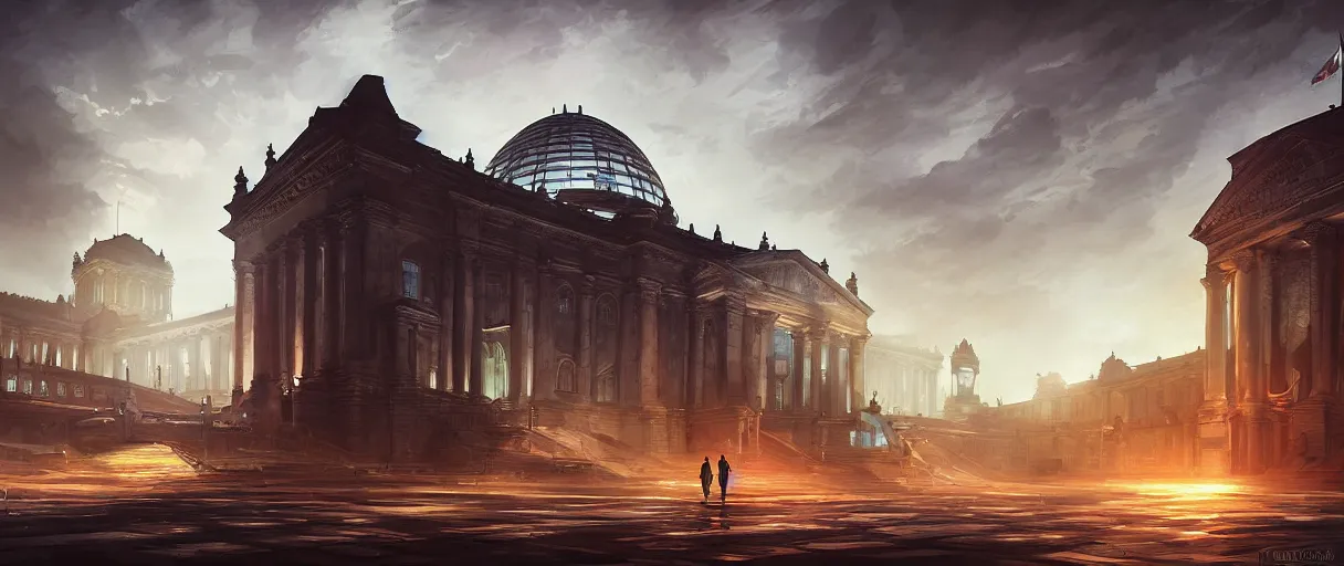 Image similar to futuristic nazi german city, Reichstag, concept art, digital painting, style of jordan grimmer, futuristic, volumetric lighting, view from below, symmetrical, vivid colours, bright, daytime, godrays