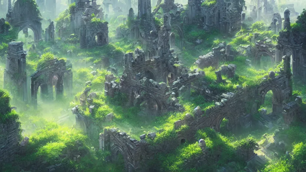 Prompt: ancient magical ruins, surrounded by mystical green grassy meadows, by sylvain sarrailh, rossdraws, ambient light, ultra detailed, fantasy artwork, 8 k, volumetric lighting, trending on artstation, award winning, very beautiful.