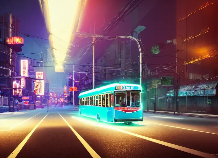 Image similar to trolleybus stands at a stop, headlights shine with neon light, atmospheric, futuristic, cyberpunk, ray tracing global illumination, 8 k resolution, ultra detailed