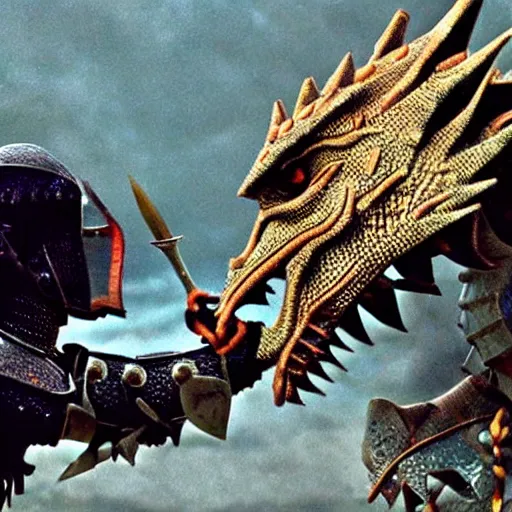 Prompt: A knight kissing a dragon. Detailed amazing wellmade movie still