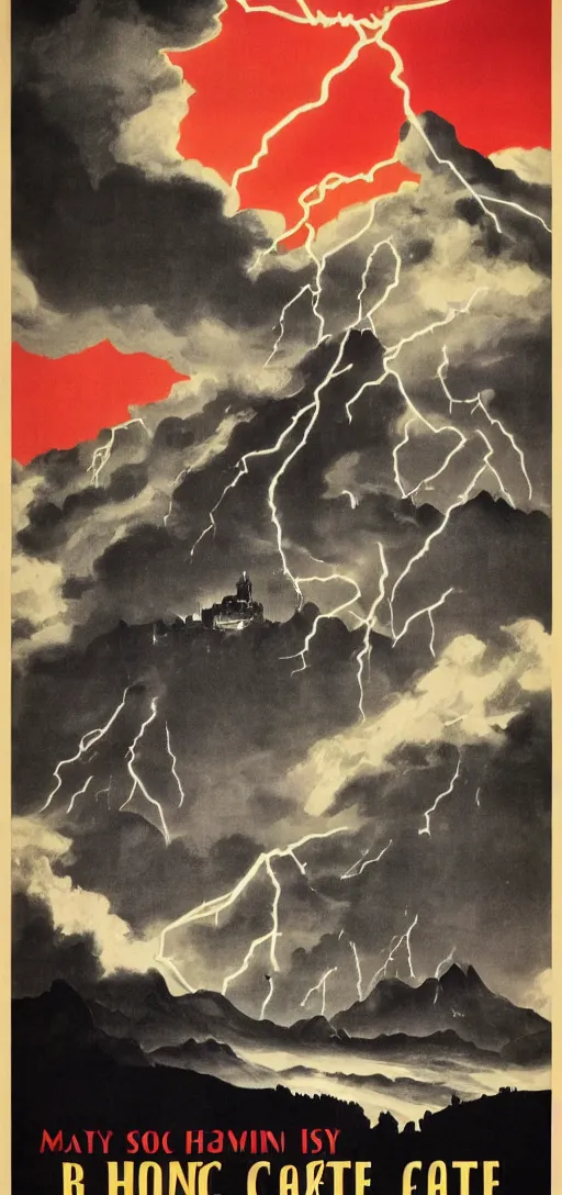 Prompt: black fantasy castle in a montain with lightning bolts in 1940s propaganda poster