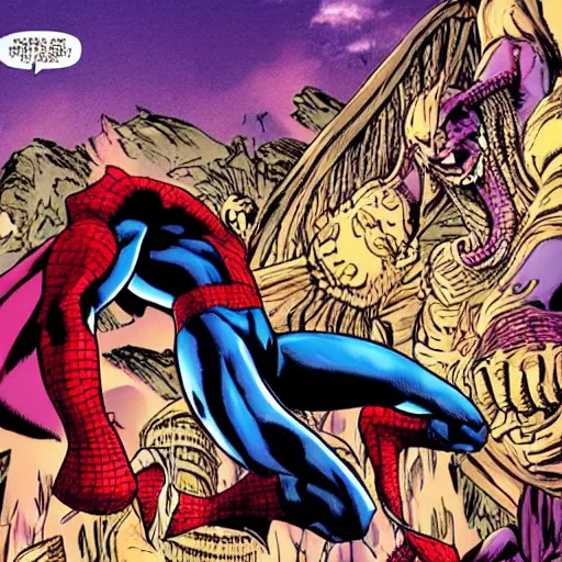 Prompt: the maxx stomping on spider - man in the outback