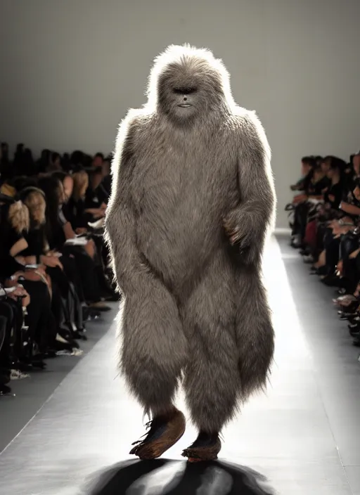 Prompt: The Yeti walking down the runway dressed in Yohji Yamamoto clothes