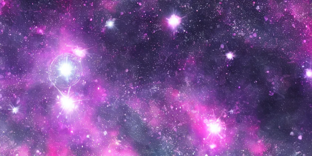 Image similar to magenta crystal planet with falling spaceship above, 🌌, sparkling stars, kaleidoscopic, 8k, high detail, wide shot